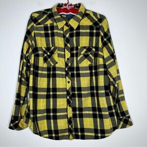 Hot Topic Harry Potter Hufflepuff Yellow and Black Plaid Button Up Shirt SZ 0